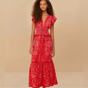 Farm Rio Elegant Olivia Maxi Vibrant Floral Red Dress with Lace Accents. NWOT